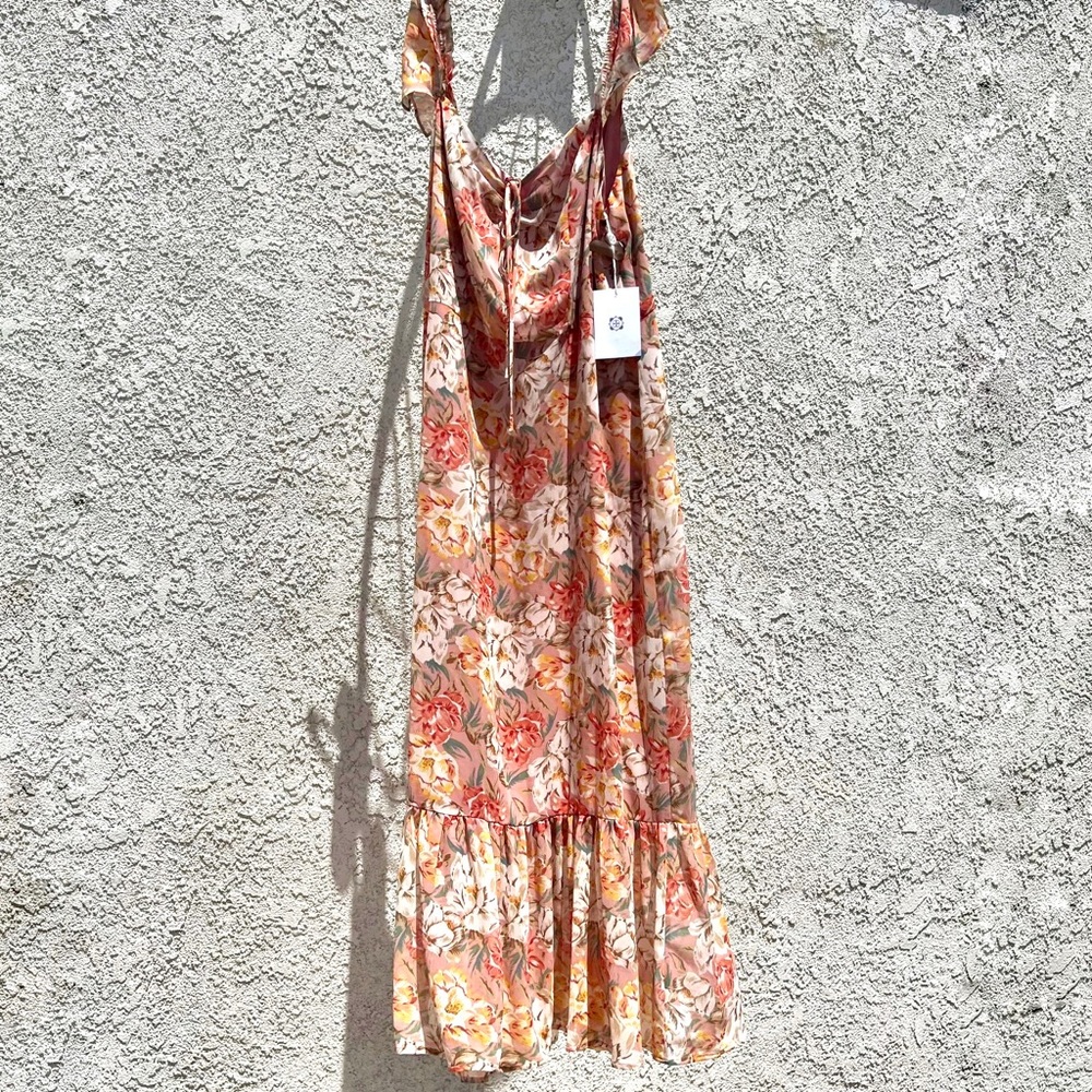 Maxi Floral Sundress with Flowy Straps Peach Colored